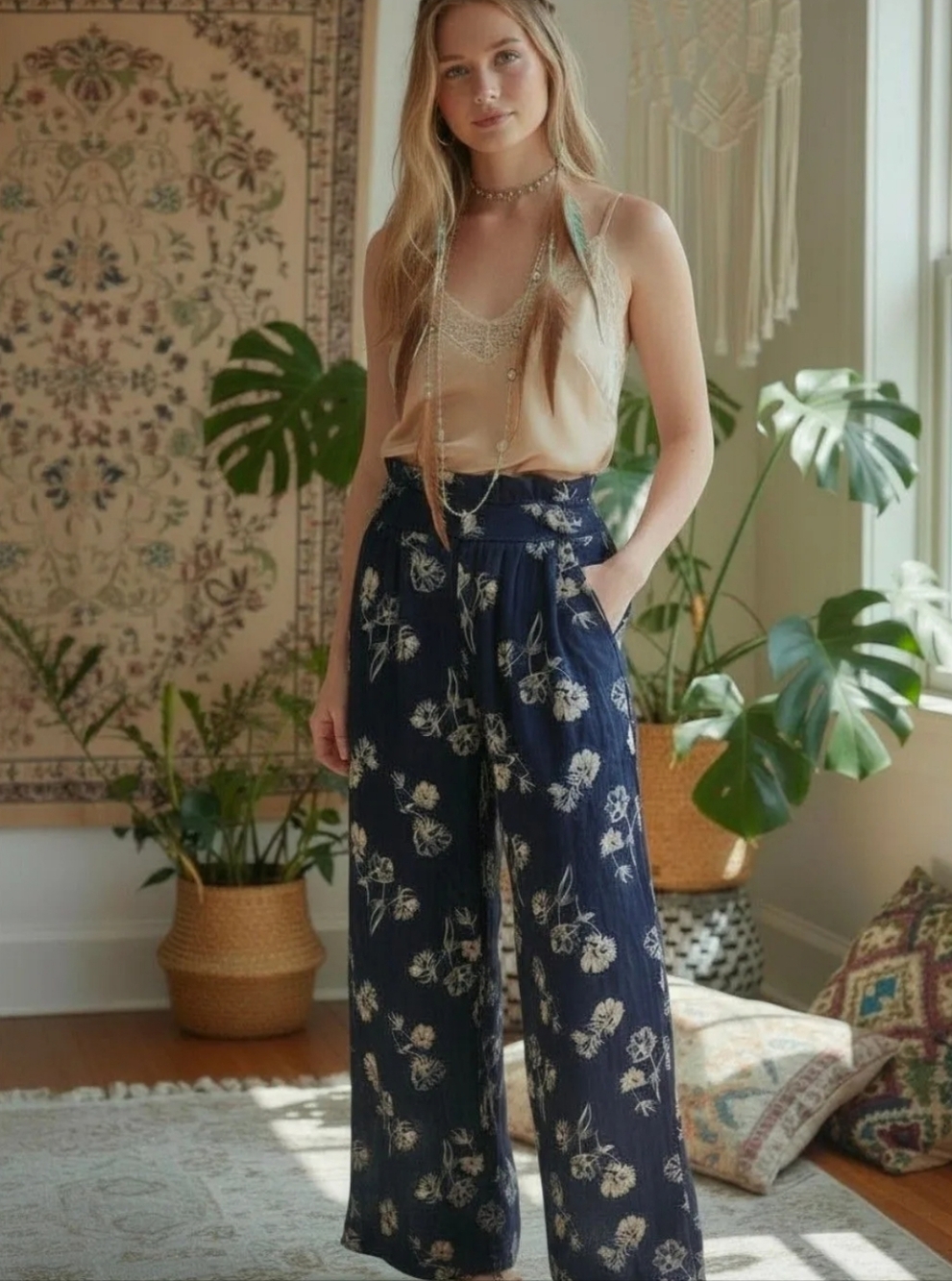 Urban Outfitters Navy Floral Wide-Leg Pants